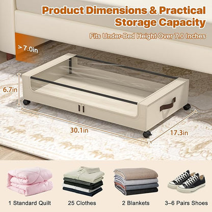 Under Bed Storage with Wheels,XXL 60L Under Bed Storage Containers with Clear Lids, Rolling Under Bed Metal Drawer for Clothes, Shoes,Toys (White, 2 Pack)
