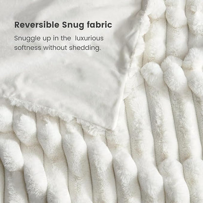 Cozy Bliss Faux Fur Throw Blanket for Couch, Cozy Warm Plush Striped Blanket for Sofa Bedroom Living Room, 90 * 90 Inches Cream White