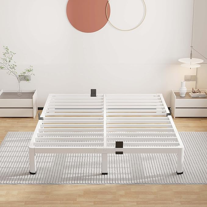 ROIL 7 Inch White Queen Bed Frame with Rounded Corner and Mattress Retainers, 3500LBS Heavy Duty Steel Slats No Box Spring Needed Platform Noise-Free Easy Assembly