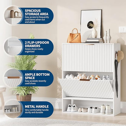 Garvee Fluted Shoe Storage Cabinet, Slim Hidden Shoe Rack Cabinet with 2 Flip Drawers & Bottom Open Shelf, Freestanding Entryway Organizer, Perfect for Closet, Hallway, Foyer, White