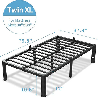 12 Inch Twin XL Bed Frame, 3500Lbs Heavy Duty Metal Platform with Round Corner Legs Mattress Slide Stopper, Steel Slat Support No Box Spring Needed, Noise Free, Non-Slip, Easy Assembly