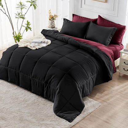 JOLLYVOGUE King Comforter Set, Ultra-Soft Bed in a Bag King Size 7 Pieces, Oeko-TEX Certified Bedding Set with Down Alternative Comforter, Sheets, Pillowcases & Shams, Burgundy & Black