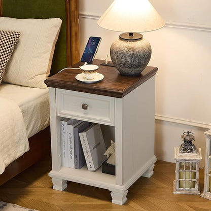 SAVOR LIFE Farmhouse End Tables Living Room Set of 2, Rustic Wood Nightstand with 1 Drawer, Bedside Table with Open Shelf for Bed Room, Side Table for Living Room, White
