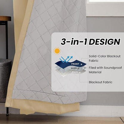 3-in-1 Layers Soundproof Curtains,Grommet Full Blackout Thermal Noise Dampening Curtains for Living Room, Bedroom(1 Panel,Beige,50" x84")