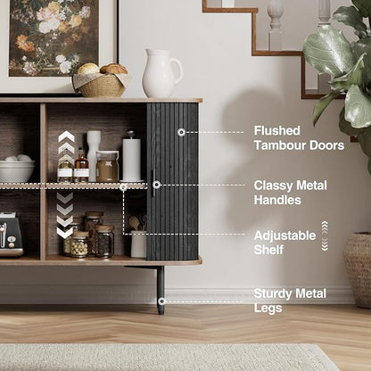 47''W x 32''H Black Buffet Sideboard Cabinet with Storage, Fluted Accent Storage Cabinet with Curvy Edge; Sliding Door, Freestanding Credenza, Console Table for Living Room, Kitchen, Hallway