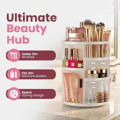 Masirs 360 Rotating Makeup Organizer - Adjustable Shelf Height and Fully Rotatable. The Perfect Cosmetic Organizer for Bedroom Dresser or Vanity Countertop. (White)