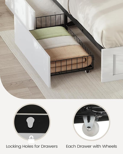 AOGLLATI Farmhouse King Bed Frame Bed Frame with 4 Storage Drawers and Led Lights, Wooden King Bed with Hidden Space Bookcase Headboard and Led Lights, White