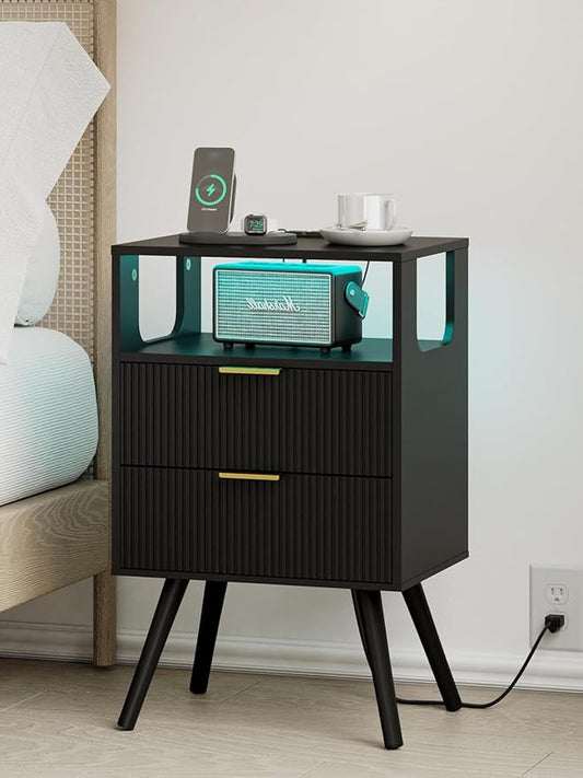 Nightstand with Charging Station and LED Lights, Modern Bedside Table with 2 Storage Drawer and Open Wood Shelf for Bedroom and Small Spaces, Night Stand with Solid Wood Legs