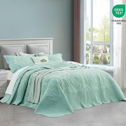 CHIXIN Bedspread Coverlet Quilt Set Full Size - Lightweight Bedding Cover - Beautiful Stitching - 5 Piece Reversible Bedspread - Gorgeous Damask Paisley Pattern (Full, Seaglass)