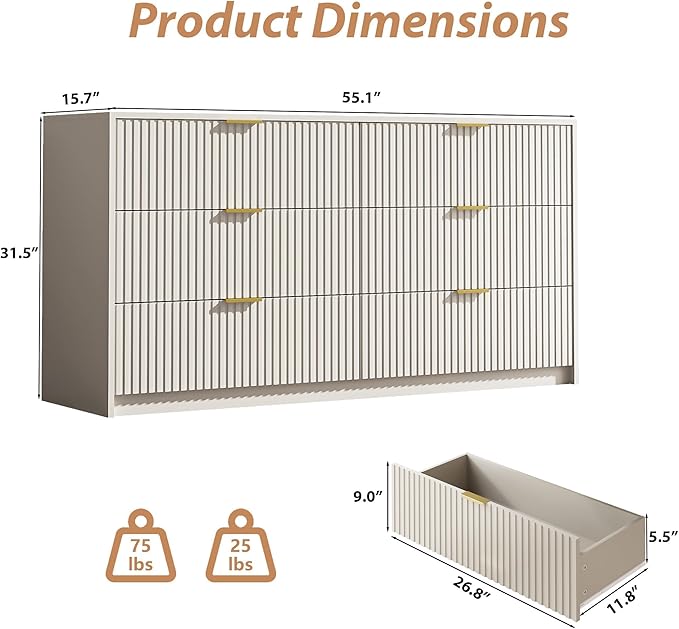 3-Piece Dresser Bedroom Set, 6 Drawer Dresser & 2 Drawer Nightstands with Gold Handles, Fluted Wood Chest of Drawers for Bedroom, Living Room, Entryway, Beige