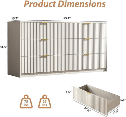 3-Piece Dresser Bedroom Set, 6 Drawer Dresser & 2 Drawer Nightstands with Gold Handles, Fluted Wood Chest of Drawers for Bedroom, Living Room, Entryway, Beige