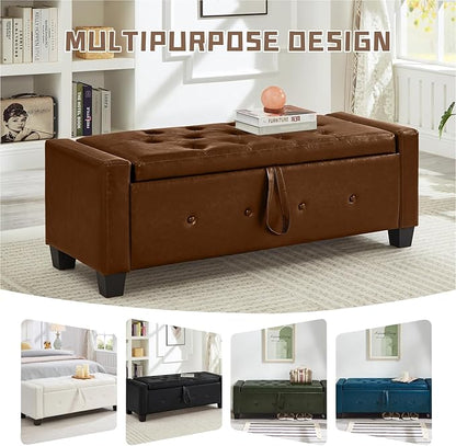 48” Storage Ottoman Bench, Upholstered Button-Tufted End of Bed Bench with Soft-Close Hinge & Solid Wood Legs, Foot Rest for Living Room, Bedroom, Hallway (Faux Leather, Brown)