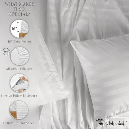 URBANHUT 800 Thread Count 100% Cotton Damask Full Size Sheets, 4 Piece Striped Full Size Bedsheets, Luxury Hotel Sheets Sateen Weave - Better Than Egyptian, 16" Elasticized Deep Pocket- White