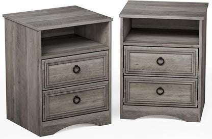 Set of 2 Nightstand with 2 Drawers, 18"W Night Stand with Drawers for Bedroom, Large Accent Bed Side Table and End Table with Open Compartment-Easy Pull Handle, Textured Border for Living Room,Gray