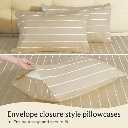 LuxClub 4 PC Queen Sheet Set, Deep Pockets Wrinkle Free Cooling Bed Sheets Hotel Bedding for Women, Men, Includes 1 Fitted Sheet, 1 Flat Sheet and 2 Pillowcases-Striped - Cream
