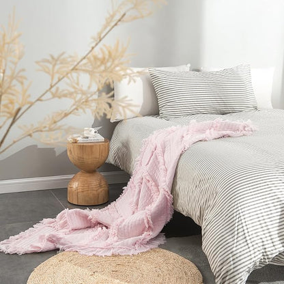 Ultra Soft Pre-Washed Quilted Boho Pink King Size Blankets for Bed, Ruffle Fringed Decorative Throw, Stone Washed Chic Rustic Blanket for Sofa Couch Bed, 104"*90"