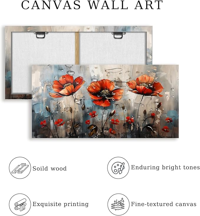 SERIMINO Large Wall Art for Living Room, Nature Floral Botanical Wall Art, Red Flowers Canvas Prints Paintings, Wildflower Modern Home Decor Bathroom Dining Room Kitchen 29"X57"
