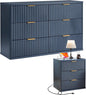 LEYAOYAO Fluted Dresser and Nightstand Sets, Wood 48" Wide Dresser & 23" Night Stand with Charging Station, 2 Piece Bedroom Furniture Set, Chest of Drawers for Bedroom, Home, Living Room,Nave Blue