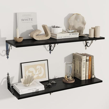 Dreamland Deep Floating Shelves, 40" W x 12" D Wall Shelves Set of 2, Wide Display Shelf Wall Mounted with Brackets, Bookshelf for Living Room, Bathroom, Bedroom, Black