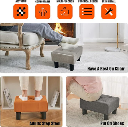 BRIAN & DANY Small Foot Stool, Leather Foot Stools with Legs, Stable Small Footstool for Living Room, Grey