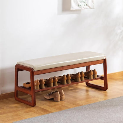 latifolia Solid Wood Bench, Entryway Shoe Bench with Cushion, 2 Tier Shoe Storage Organizer for Hallway, Living Room(Grey,39.70''L)