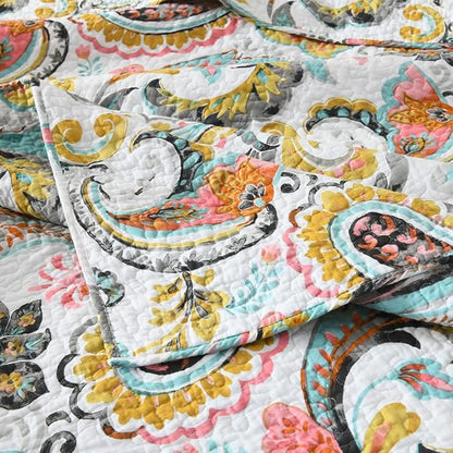 Cotton Bedspread Quilt Sets Reversible Bedding Coverlet Sets Comforter Paisley Floral Bedspread (White Paisley Floral, Queen Size)