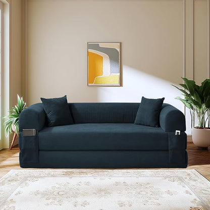Convertible Sleeper Sofa Bed,80" Folding Sofa Bed Queen with Storage,Corduroy Pull Out Couch with Bed,Boneless Couches for Living Room,Compressed Couch in a Box,Navy Blue
