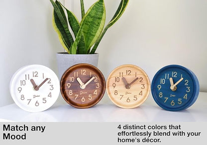 Driini Wooden Analog Desktop Clock – 4.3 in. Decorative Pinewood, No-Tick Design – Easy to Read Silent Sweep Mantle Clock – Quiet Tabletop Clocks with Wood Body, Hands, & Battery Cover; White