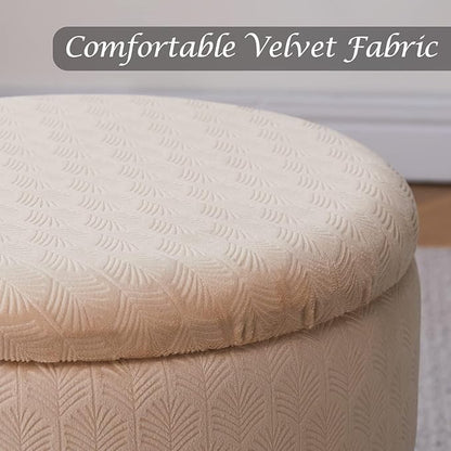 Cpintltr Footrest Footstools Round Velvet Ottoman with Storage Space Soft Vanity Chair with Memory Foam Seat Small Side Table Hallway Step Stool 4 Gold Metal Legs with Adjustable Footings Champagne