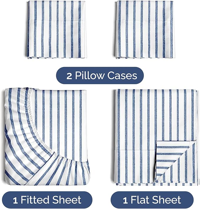 Twin XL 4 Piece Sheet Set - Cooling, Comfy & Breathable - Hotel Luxury Bedding Includes Fitted Sheet for Women, Men, Kids & Teens - 1 Flat, 1 Fitted Sheet, 2 Pillowcases w/Deep Pockets - Blue Stripes