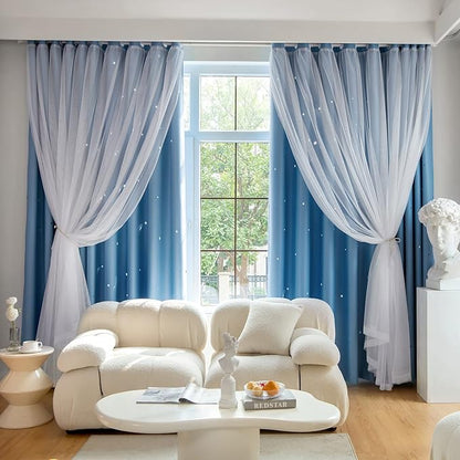 Star Double Layer Blackout Curtains for Bedroom, Kids - Cute, 72 Inch Long 2 Panel Set, Blue, 42 x 72 Inch