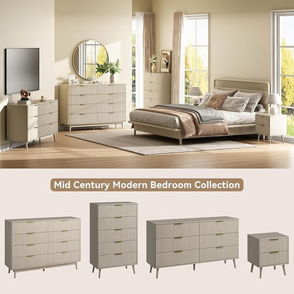 CARPETNAL Fluted Nightstand, Beige Bedside Table with Drawer and Storage Shelf, Wood End Table Mid Century Night Stands for Bedroom Living Room