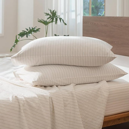 MooMee Striped Duvet Cover Set 100% Washed Cotton Linen Like Textured Breathable Durable Soft Comfy (White Almond Milk Grey Wide Stripes, Oversized Full 82"x86")