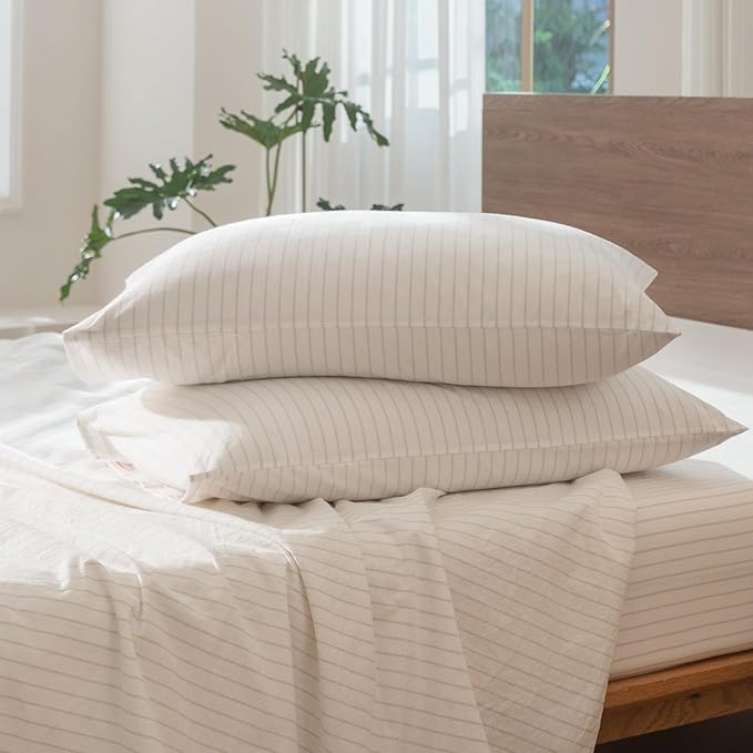 MooMee Striped Duvet Cover Set 100% Washed Cotton Linen Like Textured Breathable Durable Soft Comfy (White Almond Milk Grey Wide Stripes, Cal King 104"x98")