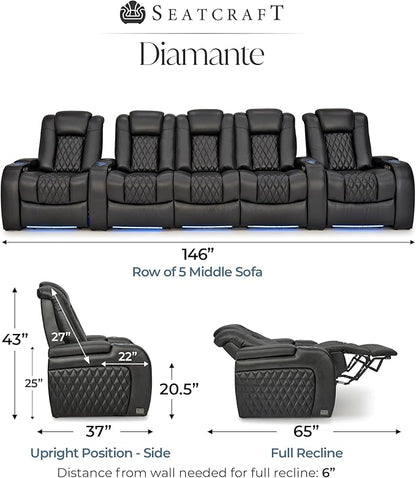 Seatcraft Diamante Zero-Gravity CoolZero Italian Leather Home Theater Seating, Power Headrest, Power Recline, Row of 5 Middle Sofa, Black