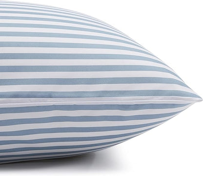 Amazon Basics Lightweight Super Soft Easy Care Microfiber 3 Piece Bed Sheet Set with 14-inch Deep Pockets - Twin, Dusty Blue Pinstripe,Printed (Pack of 4)