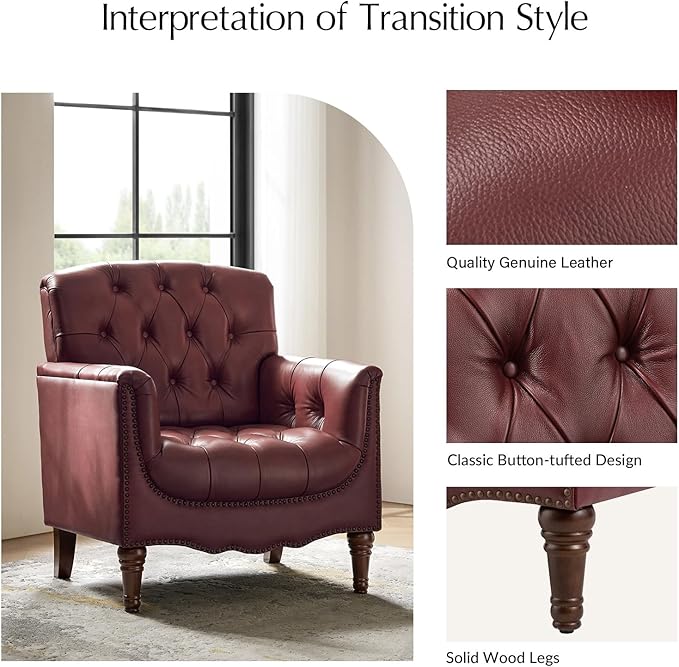 HULALA HOME Mid Century Modern Leather Club Chairs Set of 2, Top-Grain Genuine Leather Armchairs with Button-Tufted Back & Solid Wood Legs, Accent Chairs for Living Room/Bedroom/Home Office, Burgundy