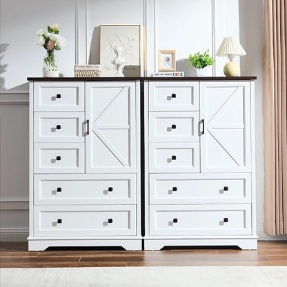 SOOWERY White Dresser for Bedroom, 5 Drawers Farmhouse Wood Dresser with Double Storage Cabinet, 48 Inches Tall Chest of Drawers for Bedroom, Living Room, Hallway