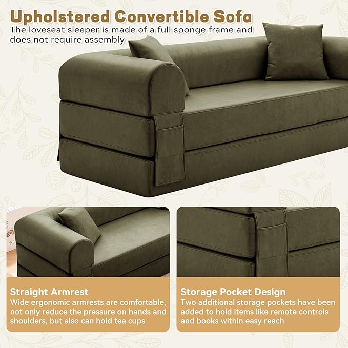 Convertible Sleeper Sofa Bed,78.5 Inch Faux Leather Futon Couch with Pillows & Storage Pocket,5-in-1 Folding Sofa Bed Queen with Pull Out Beds,Boneless Couches for Living Room,Couch in a Box,Green