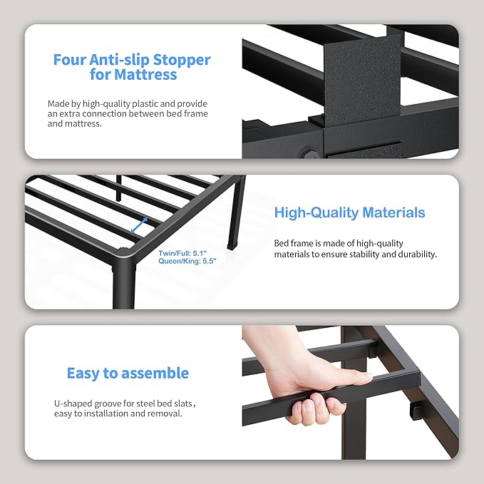 ROIL 20 Inch King Bed Frame with Rounded Corner and Headboard Hole Mattress Retainers 3500LBS Metal Heavy Duty Steel Slats No Box Spring Needed Platform Noise-Free Easy Assembly