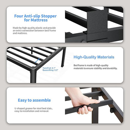 ROIL 4 inch King Size Bed Frame Metal Platform No Box Spring Needed with Round Corner Legs Mattress Stoppers Retainers 3500LBS Heavy Duty Steel Slats Noise-Free