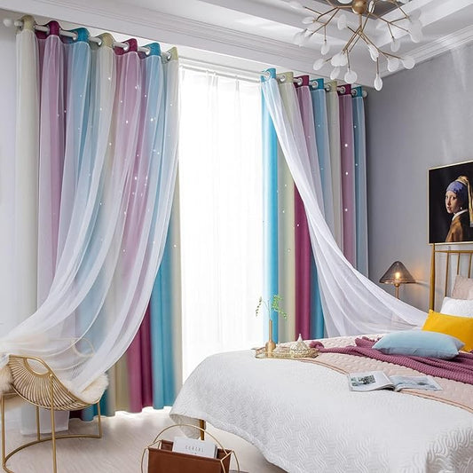 Star Blackout Curtains - Bedroom Cute Kids Rainbow, 63 Inch Long 2 Panels, Purple & Blue, 42 X 63 Inches