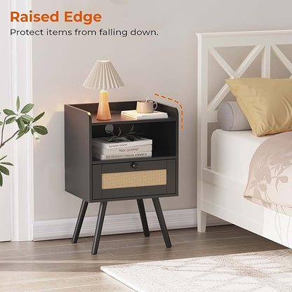 SUPERJARE Nightstands with Charging Station, Bedside Table Set of 2 with PE Rattan Drawers, Rattan Side Table with Storage & Solid Wood Feet, End Table for Bedroom, Black