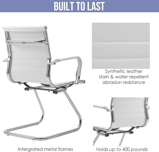 Wahson Office Guest Chairs Set of 8, Leather Reception Chairs, Mid Back Waiting Room Chair, Conference Chairs with Sled Base, Desk Chair No Wheels for Meeting/Lobby/Restroom, White