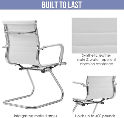 Wahson Office Guest Chairs Set of 8, Leather Reception Chairs, Mid Back Waiting Room Chair, Conference Chairs with Sled Base, Desk Chair No Wheels for Meeting/Lobby/Restroom, White