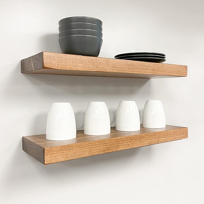 URBANDI, Rustic Floating Shelves, Set of 2, Hidden Bracket, Solid Wood, Heavy Duty, Wall Mounted Shelves, (Brown, 12Wx8D)