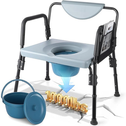 Bariatric Bedside Commode Chair - Heavy Duty 1000 Lbs Capacity - Extra-Wide Seat & Adjustable Height - 3 in 1 Steel Frame Over-The-Toilet Commode for Obese, Elderly & Disabled