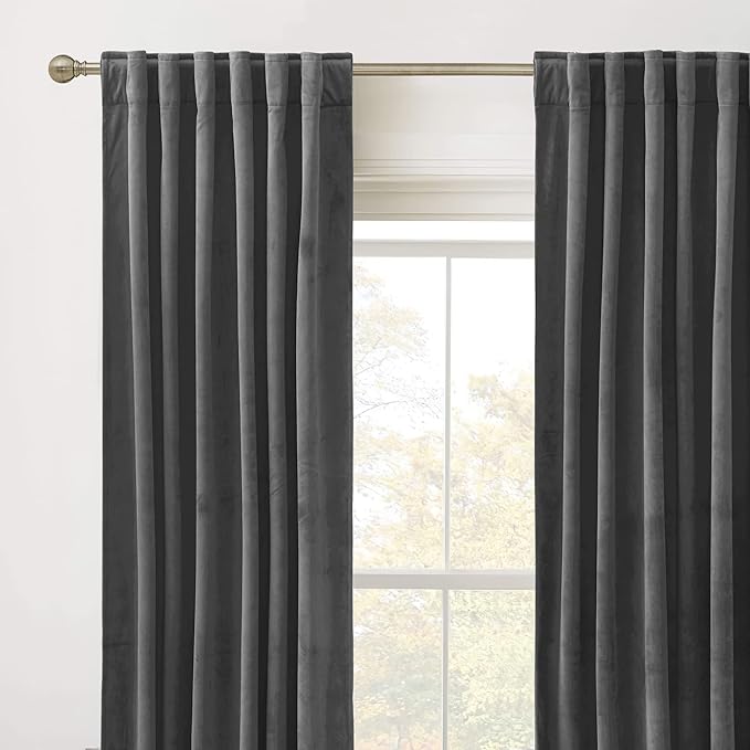 RYB Home Back Tabs Velvet Curtains for Living Room 108 inches - Classic Grey Window Drapes Room Darkening Thermal Insulated Panels for Bedroom Home Office, W52 x L108 inches, 2 Pieces