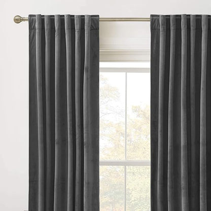 RYB Home Back Tabs Velvet Curtains for Living Room 108 inches - Classic Grey Window Drapes Room Darkening Thermal Insulated Panels for Bedroom Home Office, W52 x L108 inches, 2 Pieces