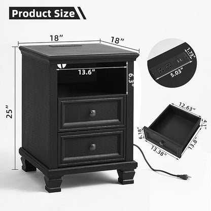 SAVOR LIFE Farmhouse Nightstand Set of 2 with Charging Station, Rustic Black Nightstand,2 Drawers End Table for Living Room,Bedside Table with Open Shelf for Bed Room,Black